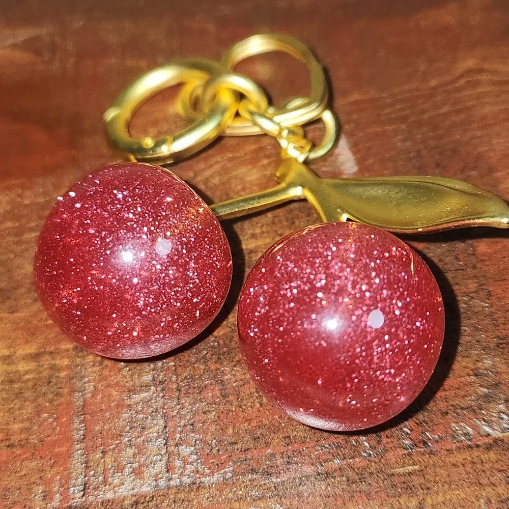 Dark Pink Glitter Cherries Bag Charm Purse Keychain Sparkles Heart NWOT